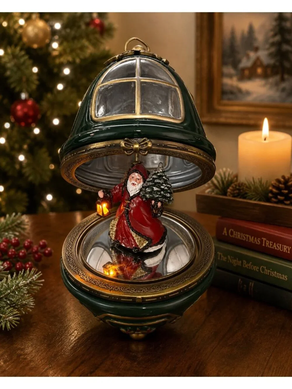 Vintage Mr. Christmas Animated Musical Santa Heirloom Egg Ornament Rotating Ligh